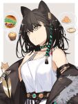  2girls animal_ears arknights arrow_(projectile) bare_shoulders belt black_choker black_coat black_hair border braid breasts brown_hair burger ceobe_(arknights) choker closed_mouth coat collarbone dog_ears drooling food fur-trimmed_coat fur_trim ganesagi grey_background highres jewelry long_hair lunacub_(arknights) medium_breasts mole mole_on_arm muffin multiple_girls necklace open_clothes open_coat outside_border pasta saliva side_braid simple_background solo_focus soup spaghetti thought_bubble upper_body v-shaped_eyebrows white_border wolf_ears yellow_eyes 