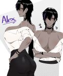  +++ 1girl alex_(cero_rains) arms_under_breasts black_hair blue_hair breasts cero_rains character_name choker cleavage collar commentary dark-skinned_female dark_skin earrings english_commentary highres huge_breasts jewelry looking_at_viewer medium_hair mole mole_on_armpit multicolored_hair multiple_views off-shoulder_shirt off_shoulder orange_eyes original shirt spiked_choker spikes streaked_hair two-tone_hair 