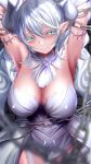  1girl armpits breasts cleavage demon_girl demon_horns demon_wings dress duel_monster green_eyes highres horns large_breasts looking_at_viewer lovely_labrynth_of_the_silver_castle low_wings multiple_wings othellonia_teru pointy_ears restrained solo spread_cleavage twintails white_hair white_horns wings yu-gi-oh! 