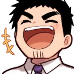  1boy black_hair facial_hair goatee laughing lowres mature_male necktie panqlao purple_necktie salaryman senpai_ga_uzai_kouhai_no_hanashi shirt short_hair smile solo stubble takeda_harumi_(shiromanta) thick_eyebrows 