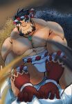  2boys abs bara black_hair blush bulge colored_skin facial_hair forked_eyebrows fundoshi goatee goriin110 hachimaki headband highres japanese_clothes large_pectorals looking_at_another male_focus mature_male multiple_boys muscular muscular_male mutton_chops nejiri_hachimaki nipples out_of_frame pectorals protagonist_3_(housamo) red_skin short_hair solo_focus stomach straddling sweat tajikarao_(housamo) thick_eyebrows thick_thighs thighs tokyo_afterschool_summoners topless_male tusks yaoi 