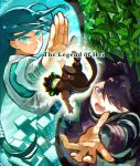  3boys animal_ears aqua_eyes black_hair building cat_boy cat_ears cat_tail chromatic_aberration city copyright_name english_text fengxi_(the_legend_of_luoxiaohei) hair_over_one_eye isasasa001 leaf long_hair long_sleeves low-tied_long_hair luo_xiaohei luo_xiaohei_zhanji multiple_boys open_mouth plant pointy_ears purple_eyes short_hair short_sleeves slit_pupils tail wuxian_(the_legend_of_luoxiaohei) 