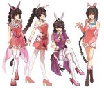  4girls animal_ears braid braided_ponytail brown_hair douluo_dalu dress floating full_body headphones highres long_hair multiple_girls multiple_persona open_mouth pink_dress pink_footwear pouch rabbit_ears sitting smile thighhighs white_background xiao_wu_(douluo_dalu) yaya_le 