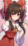  1girl ascot blush bow brown_hair closed_mouth commentary detached_sleeves gradient_background hair_bow hair_tubes hakurei_reimu highres long_hair looking_at_viewer pink_background red_bow red_eyes red_skirt red_vest sidelocks skirt smile solo touhou vest waving yellow_ascot yosshy 