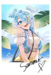  1girl bare_shoulders black_choker border choker cloud collarbone cropped_shirt dadadabibadum elira_pendora fangs hair_over_one_eye head_tilt head_wings heart leaf looking_at_viewer midriff mole navel nijisanji nijisanji_en ocean off-shoulder_shirt off_shoulder one_eye_covered shirt shorts sky smile solo virtual_youtuber white_border white_shirt wings yellow_shorts 