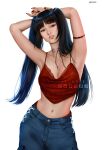  1girl bare_shoulders blue_hair blue_pants blunt_bangs breasts brown_eyes cleavage crop_top dark_blue_hair denim highres jeans jewelry jyundee looking_at_viewer medium_breasts musa_(winx_club) navel navel_piercing necklace pants parted_lips piercing realistic red_nails red_tank_top simple_background sparkle_print tank_top twintails white_background winx_club 