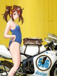  1girl bag bakuon!! bow breasts brown_eyes brown_hair character_request collarbone from_side hair_bow handlebar highres mole motor_vehicle motorcycle one-piece_swimsuit sakuma_masanori small_breasts solo swimsuit twintails yellow_background 