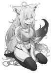  1girl @_@ ahoge animal_ear_fluff animal_ears black_panties bra_visible_through_clothes braid crossed_bangs fox_girl fox_tail greyscale highres hololive inamimi_(sheep1733) long_hair monochrome navel panties shirakami_fubuki shirt sitting skindentation solo star_(symbol) sweat tail thick_thighs thighs tied_shirt underwear very_long_hair wariza white_hair 