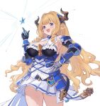  1girl armpits blonde_hair blue_eyes breasts commentary_request cowboy_shot draph gauntlets granblue_fantasy hair_intakes hand_on_own_hip hand_up highres horns large_breasts long_hair looking_ahead open_mouth pointing pointing_up pointy_ears razia solo star_(symbol) teeth u_jie upper_teeth_only 