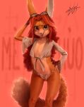  2023 absurd_res anthro artist_name black_nose blulesnsfw breasts camel_toe canid canine claws clothed clothing digital_media_(artwork) eyewear eyewear_on_head female fingers fox fur hair hand_on_hip hi_res long_hair looking_at_viewer mammal midriff navel open_mouth open_smile orange_body orange_fur red_eyes red_hair simple_background skimpy small_breasts smile solo standing sunglasses sunglasses_on_head tail teeth tongue topwear 