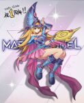  1girl absurdres anniversary bare_shoulders blonde_hair blue_footwear blush_stickers boots breasts cleavage dark_magician_girl duel_monster green_eyes hat highres large_breasts long_hair solo tatsuyo wand witch_hat yu-gi-oh! yu-gi-oh!_master_duel 