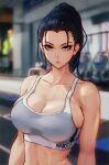  1girl alternate_costume bare_arms bare_shoulders black_hair blue_eyes blurry blurry_background breasts cleavage commentary_request english_commentary highres indoors large_breasts long_hair looking_at_viewer mixed-language_commentary nico_robin nike one_piece ponytail skindentation solo upper_body vivian_opart 