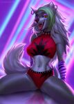  2022 abstract_background anthro arm_support artist_name black_nose bottomwear breasts canid canine canis clothed clothing collar digital_media_(artwork) ear_piercing ear_ring eyebrows eyelashes eyeshadow fangs female five_nights_at_freddy&#039;s five_nights_at_freddy&#039;s:_security_breach fluffy fluffy_tail front_view fur green_highlights grey_body grey_fur hair hauringu hi_res highlights_(coloring) long_hair looking_at_viewer makeup mammal multicolored_hair narrowed_eyes navel one_eye_closed open_mouth piercing purple_eyeshadow reflection ring_piercing roxanne_wolf_(fnaf) scottgames sitting solo spiked_collar spikes spread_legs spreading steel_wool_studios tail teeth tongue tongue_out topwear two_tone_hair white_hair wink winking_at_viewer wolf yellow_eyes 