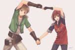  1boy 1girl arc_the_lad arc_the_lad_iii arm_up belt black_gloves brown_eyes brown_gloves brown_hair cheryl_(arc_the_lad) closed_mouth fingerless_gloves gloves holding_hands iro_saki lutz_(arc_the_lad) open_mouth red_hair short_hair simple_background single_glove white_background 