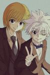  2boys ascot blue_eyes bow bowtie collared_shirt enoki_(gongindon) formal highres hunter_x_hunter killua_zoldyck kurapika looking_at_viewer male_child male_focus multiple_boys one_eye_closed shirt short_hair simple_background smile spiked_hair suit upper_body v vest white_hair 