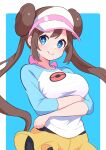  1girl blue_background blue_eyes blush bow breasts bright_pupils brown_hair closed_mouth double_bun doughnut_hair_bun eyelashes gmkz_kawaii hair_bun highres looking_at_viewer pantyhose_under_shorts pink_bow pokemon pokemon_(game) pokemon_bw2 raglan_sleeves rosa_(pokemon) short_shorts shorts smile solo twintails visor_cap white_pupils yellow_shorts 