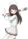  1girl absurdres airi_(blue_archive) bangs baseball_bat blood blood_on_weapon blue_archive brown_hair flower food-themed_hair_ornament green_blood green_eyes hair_ornament halo highres holding holding_baseball_bat ice_cream_hair_ornament long_hair long_sleeves looking_to_the_side mask mask_pull midriff mouth_mask navel one_eye_closed open_mouth patanda pleated_skirt school_uniform serafuku skirt smile solo thighhighs weapon 