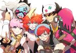  3boys 3girls ahoge atticus_(pokemon) baseball_cap black_gloves black_hair black_lips blonde_hair blue_eyes blue_hair cane closed_eyes collar collared_shirt detached_sleeves eri_(pokemon) eyelashes facepaint fiery_clothing fingerless_gloves freckles giacomo_(pokemon) glasses gloves green_eyes grey_eyes grey_hair hat headphones highres holding holding_cane hood hoodie long_hair mela_(pokemon) multicolored_hair multiple_boys multiple_girls neck_ribbon nuinu_nui open_mouth ortega_(pokemon) partially_fingerless_gloves penny_(pokemon) pink_hair pointy_hair pokemon pokemon_(game) pokemon_sv purple_eyes red_hair ribbon round_eyewear shirt short_hair smile team_star tiara two-tone_hair uva_academy_(emblem) v vest viewfinder white_headwear 