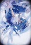  1girl absurdres blue_bow blue_dress blue_eyes blue_hair bow cirno dress fairy hair_bow highres ice ice_wings katai_(nekoneko0720) looking_at_viewer profile puffy_short_sleeves puffy_sleeves shirt short_hair short_sleeves solo touhou upside-down white_shirt wings 