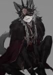  1boy absurdres animal_ears black_fur black_gloves black_pants boots braid cape fur-trimmed_cape fur_trim gloves grey_background grey_hair highres identity_v ithaqua_(identity_v) ithaqua_(morningstar)_(identity_v) jiz_(pffbq) male_focus multiple_braids pale_skin pants sitting sketch smile solo tail 