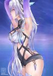  1girl absurdres armpits arms_up bare_shoulders breasts cleavage commentary_request cowboy_shot dime-san elbow_gloves genshin_impact gloves hair_ornament highres large_breasts long_hair looking_at_viewer pink_eyes purple_gloves revealing_clothes skirk_(genshin_impact) solo standing sweat thighs very_long_hair white_hair 