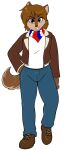  2017 anthro bandanna bomber_jacket boots bottomwear brown_body brown_eyes brown_fur brown_hair brown_nose canid canine canis clothed clothing denim denim_clothing footwear fur hair jacket jeans jonah_striker kerchief male mammal pants shirt skidd smile solo standing teeth the_servant_omen topwear wolf 