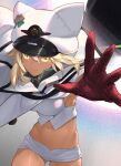  1girl akisa_yositake animal_ear_headwear bandaged_arm bandages blonde_hair breasts clover dark-skinned_female dark_skin four-leaf_clover guilty_gear guilty_gear_strive highres long_hair looking_at_viewer medium_breasts navel ramlethal_valentine red_bandage short_shorts shorts white_headwear white_shorts yellow_eyes 