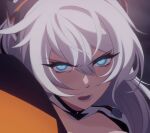  1girl blue_eyes derivative_work highres honkai_(series) honkai_impact_3rd kiana_kaslana kiana_kaslana_(white_comet) long_hair looking_at_viewer looking_up minxinq open_mouth screencap_redraw solo tagme unhappy white_hair 