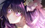  1girl amatsuji bloom blurry choker chromatic_aberration close-up commentary_request depth_of_field eyelashes eyes_visible_through_hair flying_sweatdrops hair_between_eyes hair_ornament hair_ribbon highres hoshino_ai_(oshi_no_ko) idol light_particles lips long_hair looking_at_viewer oshi_no_ko parted_lips partial_commentary pink_ribbon purple_eyes purple_hair rabbit_hair_ornament ribbon sidelighting sidelocks signature solo star-shaped_pupils star_(symbol) star_hair_ornament straight_hair sweat swept_bangs symbol-shaped_pupils yellow_choker 