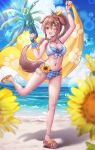  1girl absurdres animal_ears beach bikini blanket blurry blurry_foreground blush bone_hair_ornament bow breasts brown_eyes brown_hair checkered_bikini checkered_clothes cleavage cloud cloudy_sky commentary_request dog_ears dog_girl dog_tail fangs flower hair_between_eyes hair_bow hair_ornament highres holding holding_blanket holding_water_gun hololive inugami_korone leg_up looking_at_viewer medium_breasts ocean one_eye_closed open_mouth palm_tree ponytail sandals sky solo sunflower swimsuit tail tree virtual_youtuber wajuniorbox water_gun 