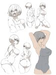  1girl arms_up ass from_behind highres kneeling m_k multiple_views one-piece_swimsuit original school_swimsuit short_hair sketch standing swimsuit tongue tongue_out 