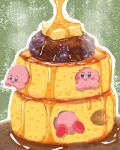  anko_(food) blue_eyes butter closed_mouth commentary eating food food_bite food_focus highres kirby kirby_(series) miclot pancake pancake_stack pink_footwear shoes smile souffle_pancake syrup 