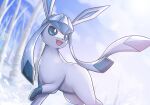  2022 ambiguous_gender black_nose blue_body blue_fur blue_inner_ear blue_markings canid day detailed_background digital_media_(artwork) digital_painting_(artwork) dipstick_tail eeveelution feral fur generation_4_pokemon glaceon happy hi_res leg_markings mammal markings marz_(artist) monotone_body monotone_fur nintendo nude open_mouth open_smile outside paws plant pokemon pokemon_(species) pupils quadruped raised_paw shaded signature sky smile snout snow socks_(marking) solo standing tail tail_markings tree white_pupils 