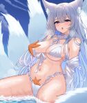  1girl :o absurdres animal_ear_fluff animal_ears azur_lane bare_shoulders bikini blue_eyes blush breasts fox_ears fox_girl fox_tail highres kuwahara_taiki large_breasts long_hair looking_at_viewer multiple_tails navel off_shoulder official_alternate_costume open_mouth outdoors shinano_(azur_lane) shinano_(dreamy_white_sands)_(azur_lane) sitting solo starfish stomach swimsuit tail thighs underboob wariza water wet white_bikini white_hair 
