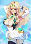  1girl bare_shoulders blonde_hair breasts chest_jewel cleavage dress earrings elbow_gloves gloves headpiece highres jewelry large_breasts long_hair looking_at_viewer mythra_(xenoblade) pimozzarella swept_bangs thick_eyebrows tiara very_long_hair xenoblade_chronicles_(series) xenoblade_chronicles_2 yellow_eyes 