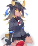  1girl :3 animal_ears arms_at_sides black_gloves black_hair black_shirt black_skirt blonde_hair broken_horn closed_mouth collared_shirt dark-skinned_female dark_skin double-parted_bangs elbow_gloves extra_ears eyelashes fanged_bangs fingerless_gloves gloves goshingyu-sama_(kemono_friends) grey_hair grey_horns grey_jacket hair_between_eyes hand_rest highres horizontal_pupils horns jacket kemono_friends kemono_friends_3 light_blush long_hair looking_at_viewer miniskirt multicolored_hair multicolored_horns multicolored_necktie necktie ox_ears ox_girl ox_horns shirt short_sleeves sitting skirt smile socks solo spread_fingers tail tatsuno_newo two-tone_necktie wariza wing_collar yellow_eyes yellow_horns 