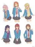  6+girls ahoge aoi_yuta black_skirt blazer blonde_hair blue_eyes blue_jacket brown_eyes brown_hair chiba_(satochikasmart) ensemble_stars! genderswap genderswap_(mtf) green_eyes green_hair grey_background hair_over_one_eye harukawa_sora headphones headphones_around_neck highres himemiya_tori jacket long_hair long_sleeves looking_at_viewer low_twintails medium_hair multicolored_hair multiple_girls necktie one_eye_covered orange_eyes orange_hair pink_hair plaid plaid_skirt purple_eyes purple_hair red_hair red_necktie school_uniform sengoku_shinobu short_bangs skirt suou_tsukasa tenma_mitsuru twintails yumenosaki_school_uniform 