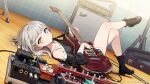  1girl amplifier bang_dream! black_footwear blue_eyes cable clothing_cutout collarbone copyright_name copyright_request cross-laced_footwear crossed_legs effects_pedal electric_guitar full_body grey_hair guitar guitar_case heterochromia highres holding holding_instrument indoors instrument instrument_case kaito_(k4itoh) kaname_rana layered_sleeves long_sleeves looking_at_viewer lying medium_hair off-shoulder_shirt off_shoulder official_art on_back on_floor pedal_(instrument) pedal_board shirt short_over_long_sleeves short_sleeves shoulder_cutout solo tile_wall tiles wooden_floor yellow_eyes 