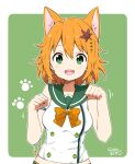  1girl :d animal_ear_fluff animal_ears bare_shoulders blush bow breasts character_request commentary_request green_background green_eyes green_sailor_collar hair_between_eyes hair_ornament hands_up leaf_hair_ornament looking_at_viewer medium_breasts onsen_musume orange_bow orange_hair paw_pose ragho_no_erika sailor_collar shirt signature sleeveless sleeveless_shirt smile solo teeth two-tone_background upper_teeth_only white_background white_shirt 