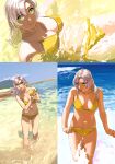  1girl absurdres antenna_hair beach bikini blue_sky breasts cleavage collarbone commentary day green_eyes highres kantai_collection kinugasa_(kancolle) kinugasa_kai_ni_(kancolle) kneeling leaning_forward looking_at_viewer looking_back looking_to_the_side medium_breasts multiple_views navel ocean ojipon outdoors running sitting sky swimsuit symbol-only_commentary triptych_(art) wading water_gun waves yellow_bikini 