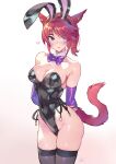  animal_ears arms_behind_back bare_shoulders black_leotard black_thighhighs bow bowtie breasts cat_ears cat_tail cleavage collarbone commission cowboy_shot detached_collar detached_sleeves fake_animal_ears final_fantasy final_fantasy_xiv gradient_background hair_over_one_eye heart highleg highleg_leotard highres leotard light_blush looking_at_viewer matsuda_(matsukichi) medium_breasts medium_hair miqo&#039;te pixiv_commission playboy_bunny purple_bow purple_bowtie purple_eyes red_hair simple_background skindentation smile tail thighhighs tongue tongue_out 