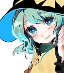  1girl aqua_hair black_headwear blue_eyes blush bow closed_mouth collar collared_shirt commentary_request fingernails frilled_shirt_collar frilled_sleeves frills green_collar hand_on_wall hat hat_bow komeiji_koishi long_sleeves looking_at_viewer shirt short_hair smile suzune_hapinesu touhou upper_body white_background wide_sleeves yellow_bow yellow_shirt 