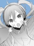  1girl :o absurdres blue_background collared_jacket commentary ene_(kagerou_project) eyes_visible_through_hair facial_mark greyscale_with_colored_background hair_between_eyes headphones highres jacket kagerou_project long_hair looking_at_viewer lower_teeth_only open_mouth popped_collar portrait saitou_shiori_(pixiv14549321) simple_background sleeves_past_fingers sleeves_past_wrists solo teeth track_jacket very_long_sleeves zipper_pull_tab 