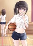  2girls :d ball basketball_(object) black_hair black_shorts blush breasts brown_hair carrying carrying_under_arm clothes_lift commentary_request gym_shirt gym_shorts gym_uniform hand_up highres indoors lifted_by_self medium_breasts multiple_girls navel original ponytail purple_eyes shirt shirt_lift short_shorts short_sleeves shorts smile sweat white_shirt wooden_floor yukimaru217 