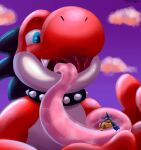  2020 anthro bandai_namco bodily_fluids clay_(suddendraft) collar digimon digimon_(species) duo gabumon hi_res long_tongue macro male mario_bros nintendo open_mouth red_body saliva saliva_string snaggletheyosh spiked_collar spikes suddendraft teeth tongue tongue_out uvula yoshi 