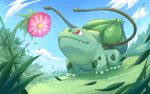  animal_focus blue_sky bright_pupils bulbasaur claws closed_mouth cloud commentary_request flower looking_up no_humans nostrils outdoors pink_flower pokemon pokemon_(creature) red_eyes shinomen sky sprout white_pupils 