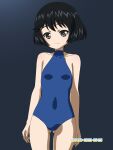  1girl ass_visible_through_thighs black_hair blue_one-piece_swimsuit blush breasts closed_mouth collarbone covered_navel dated girls_und_panzer green_eyes highres looking_at_viewer naotosi one-piece_swimsuit short_hair signature small_breasts smile solo swimsuit utsugi_yuuki 