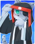  2023 5_fingers absurd_res anthro asian_clothing bemani blue_background blush bodily_fluids border clothing east_asian_clothing eye_patch eyewear felid fingers fur green_eyes grey_body grey_fur headgear headwear hi_res japanese_clothing kagetora_(pop&#039;n_music) kemokemo02091 kimono konami looking_at_viewer male mammal pantherine pop&#039;n_music serious simple_background solo stripes sweat tail tiger white_border 