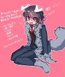  1other androgynous animal_ears brown_vest coat collared_shirt commentary_request dog_ears dog_tail employee_(lobotomy_corporation) eyes_visible_through_hair fang fur-trimmed_coat fur_trim glasses gloves grey_coat grey_footwear grey_gloves grey_pants highres kawaii_inu5 lobotomy_corporation multicolored_hair necktie open_clothes open_coat open_mouth other_focus outline pants pink_background pink_eyes pink_hair project_moon purple_hair red_necktie shirt short_hair simple_background sitting sketch smile solo tail translation_request vest white_outline white_shirt 