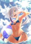  ahoge asashimo_(kancolle) ball beachball bikini blue_sky breasts cloud eyes_visible_through_hair front-tie_bikini_top front-tie_top grey_eyes grey_hair hair_over_one_eye highres kantai_collection long_hair ponytail sharp_teeth side-tie_bikini_bottom sky small_breasts smile sparkling-rain swimsuit teeth wading water 